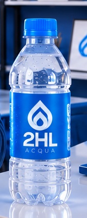 Garrafa PET com rótulo azul e a nova logo 2HL Acqua